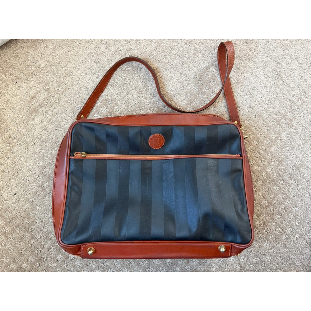 Fendi Pequin Vintage Travel Duffle Bag Canvas Leather Black Brown - Picture 2 of 12